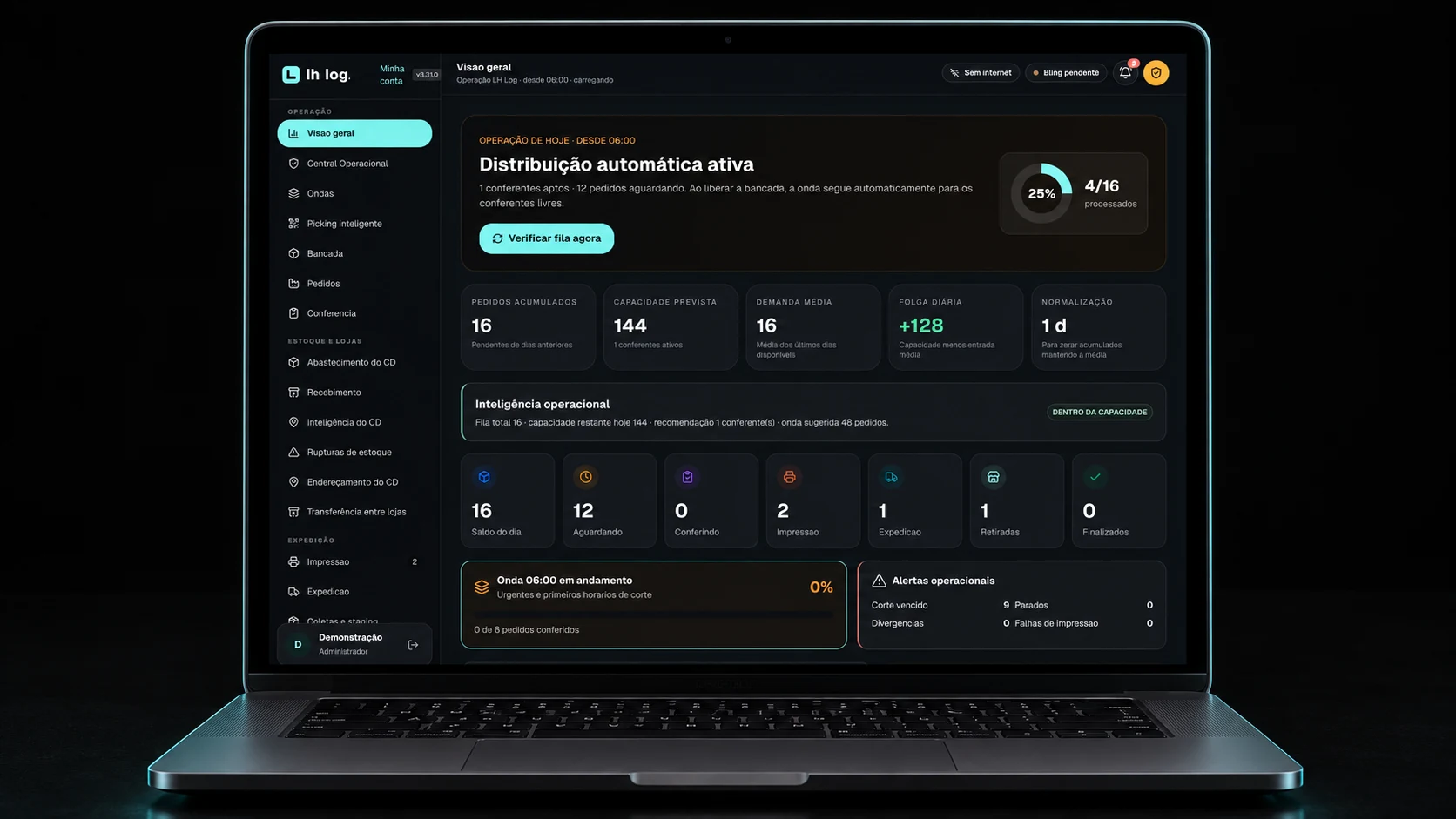 Painel operacional do LH Log exibido em um MacBook