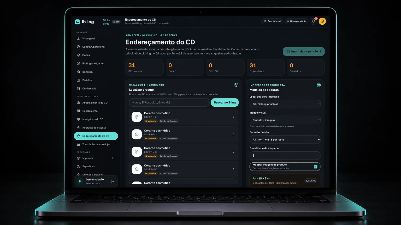 Tela de estoque e cd do LH Log em um MacBook