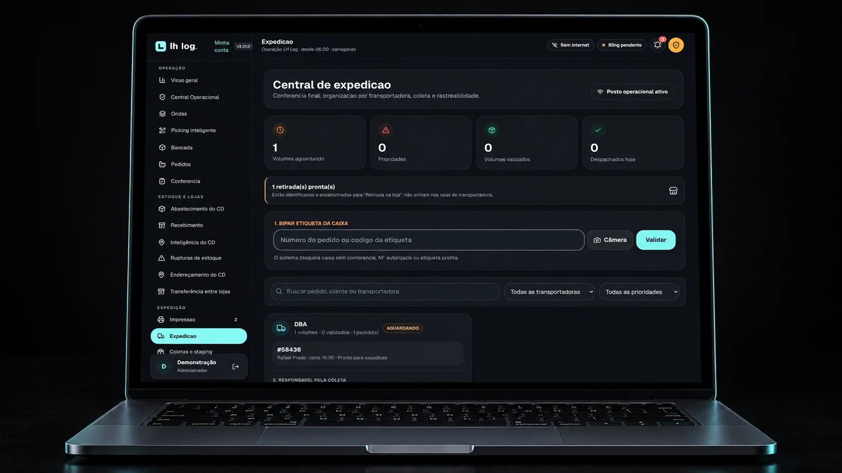 Tela de expedição do LH Log em um MacBook